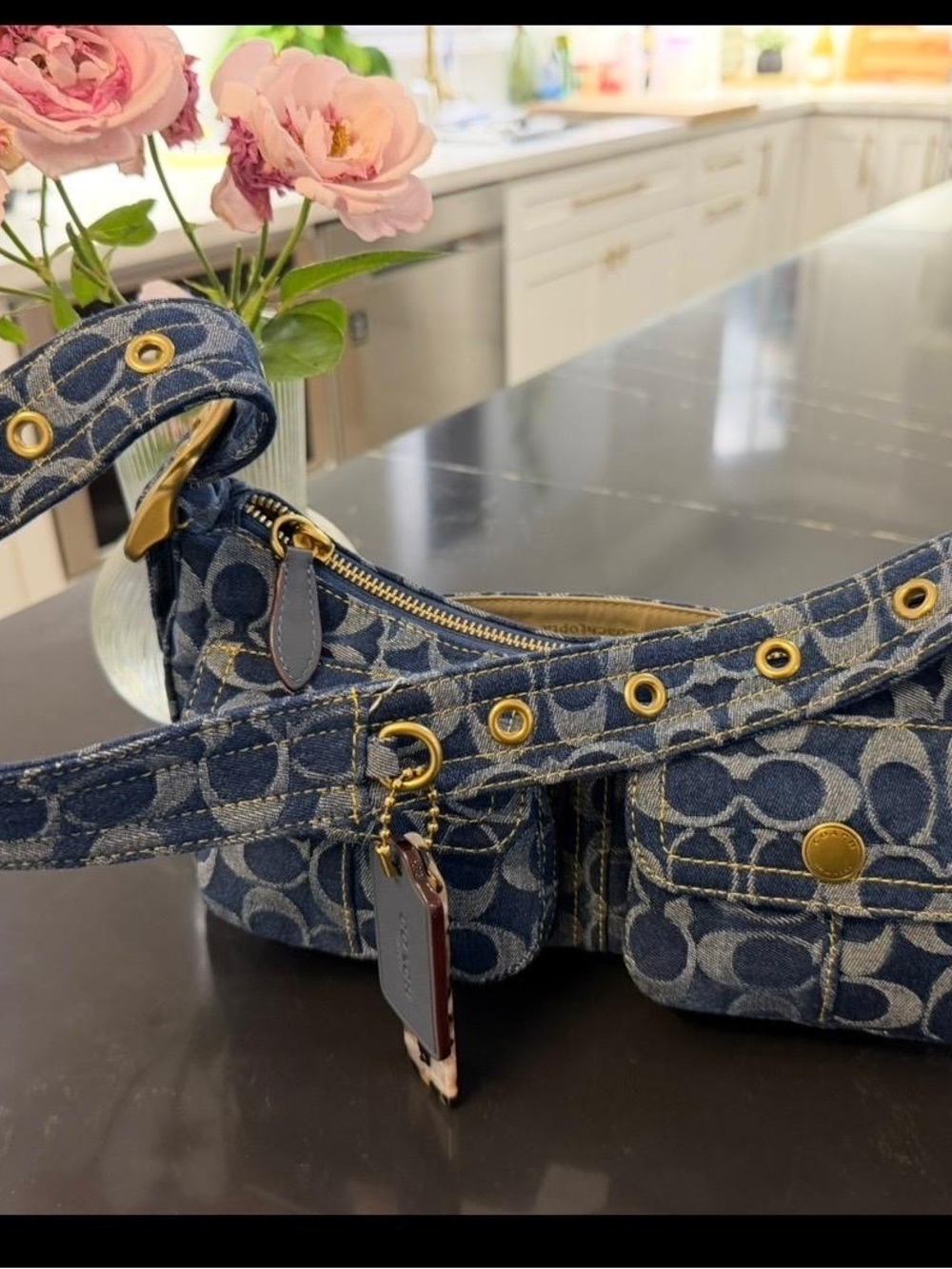 Coachtopia Denim Cargo signature Jacquard Shoulder Bag in Blue